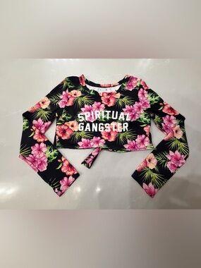 Spiritual Gangster Black Tropical Floral Tie-Back Crop Top, No Size Tag